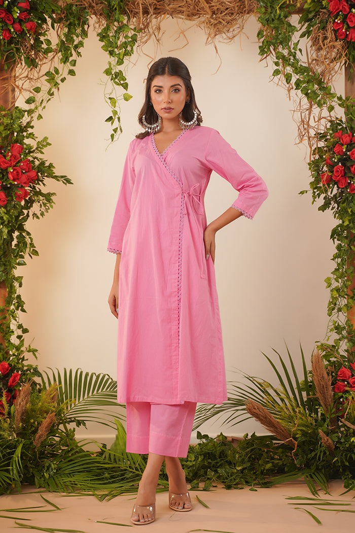 Rose pink hand embroidered angrakha style kurta with palazzo - set of two  by Svaroop Apparel | The Secret Label